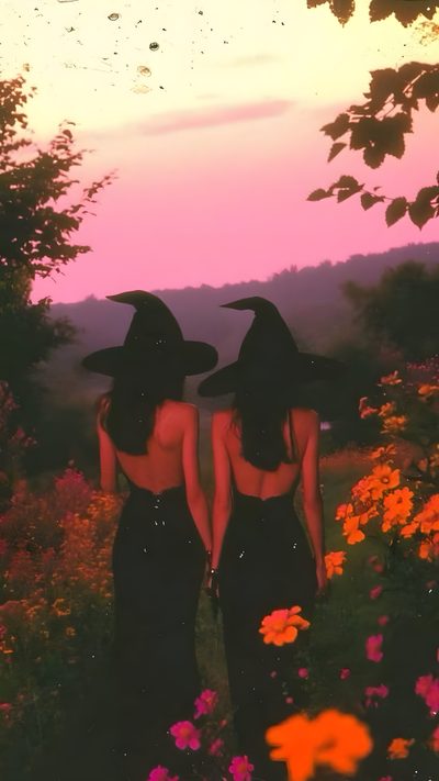 two women in black dresses and witches hats walk through flowers at sunset with the sun setting behind them Sapphic Halloween Aesthetic Witches, Witch Wife, 2 Witches, Spooky Lesbian, Witchy Women, saddle brown