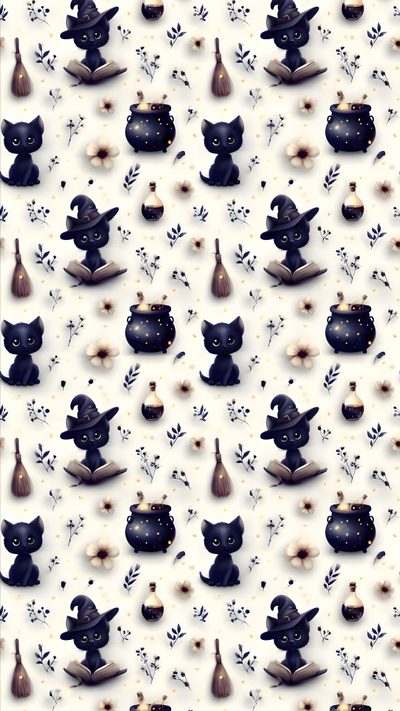 an image of a pattern with cats and witches Halloween Fabric Cat Bones Witch And Cat Pattern, Whimsical Art, Dark Backgrounds, Pattern, linen