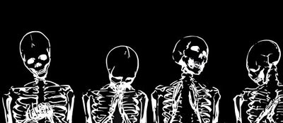 three skeletons sitting next to each other in front of a black background with white writing on it Halloween Skeleton Desktop Youtube Banner Dark Aesthetic, Goth Aesthetic Cover Photo, Goth Cover Photo, black