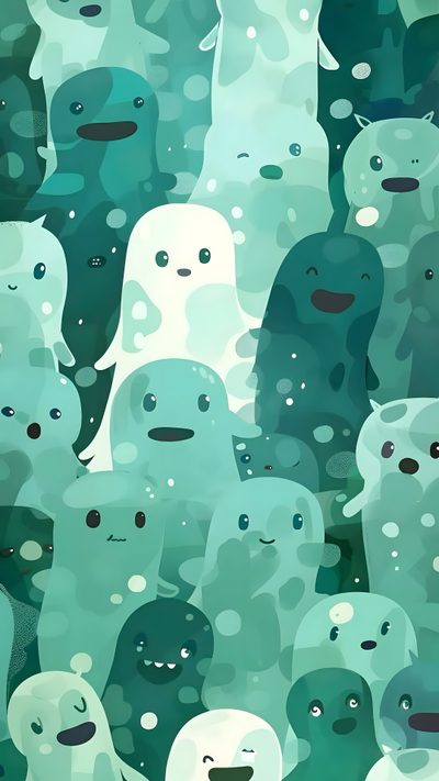 an image of many little monsters in the water Halloween - Ghost Mood - Aqua Green Background Ghost Pattern, Cute Green Ghost, Blue Ghost,