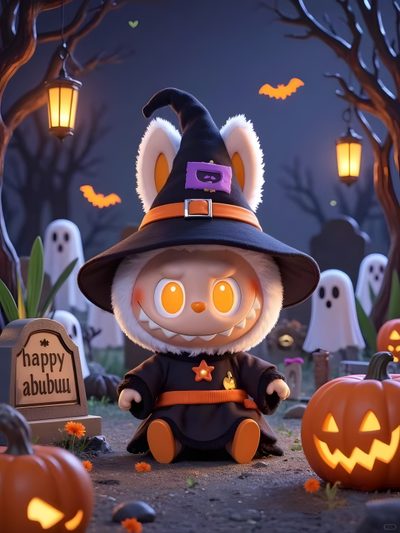 a stuffed animal wearing a witches hat and sitting in front of pumpkins on the ground Halloween Labubu Halloween Labubu, Halloween Cute Animal Illustrations, Cute Halloween Panda Art, dark slate gray