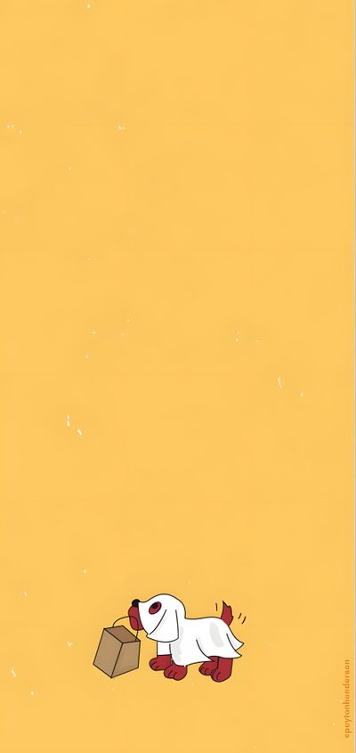 a white dog with a brown bag is walking away from the camera on a yellow background Clifford Halloween Cat Dog Cartoon, Yellow Background Dog Illustration, Yellow Cartoon Dog Illustration, sandy brown