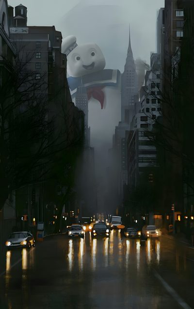 a city street filled with lots of traffic and tall buildings in the background at night Ghostbusters Halloween Ghostbusters 4k, Ghostbusters Background, Ghostbusters Car, Ghost Buster, black