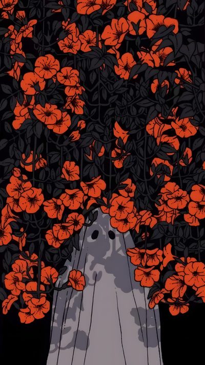 an orange and black illustration of a ghost in front of flowers on a dark background Hippie Halloween Iphone Spooky Aesthetic, Ghost Iphone Aesthetic, Iphone Ghost, Spoopy Background, black