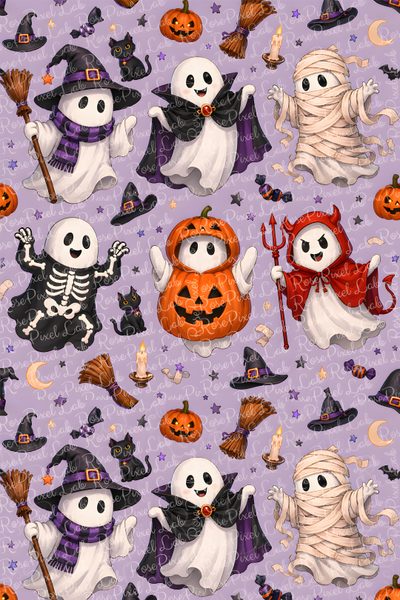 a purple background with lots of halloween themed items Kids Halloween Costume Custom Removable Halloween Patterns, Seamless Halloween Pattern, Ghost Dresses, silver
