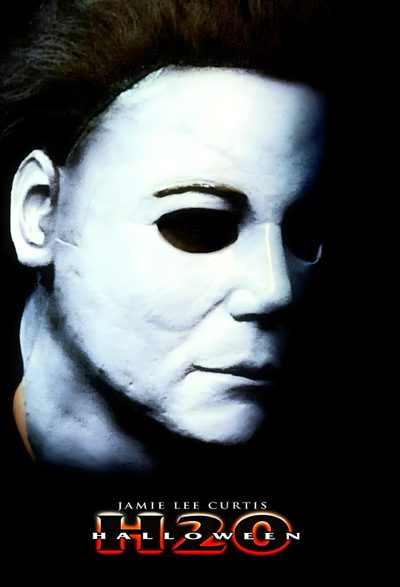 the poster for michael lee curtis's film, he - 20 is shown in white Halloween H20 Halloween H20 Poster, Halloween H20 Movie Poster, Halloween 5 Michael Myers, black