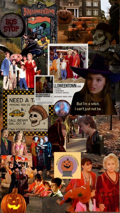 a collage of halloween pictures with pumpkins and people in costumes, including children's faces Halloweentown Aesthetic Halloweentown 1, Halloween Town Movie, Kimberly Brown,