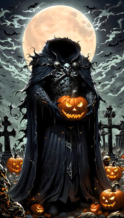 a halloween scene with pumpkins and an evil ghost Halloween Headless Horseman Scary Scarecrow, Horror Movie Tattoos, Halloween Sleepover, dark slate gray