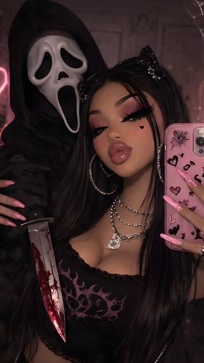 a woman holding a cell phone in front of her face and wearing a creepy mask Halloween Baddie Rosa, Chola Style, Bold Makeup Looks, Iphone Kawaii, Pretty Ipad, Posing Tips, black