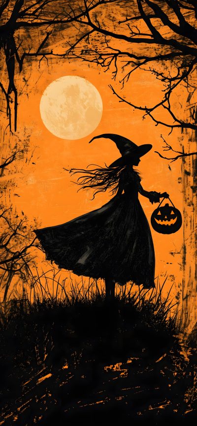 a painting of a witch holding a pumpkin in front of a full moon and trees Vintage Halloween Witch Fall Witch, Happy Halloween Pictures, Witch, Halloween Backgrounds, saddle brown