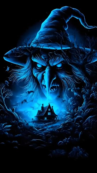 an evil looking witch with her eyes open and glowing blue in the dark night sky Spirit Halloween Halloween Spirit, Scary Witch, Halloween Video, Halloween Live, Dolly Parton Pictures, black