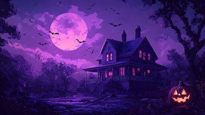 a creepy house with pumpkins in front of it and a full moon behind it Halloween Purple Pumpkin Purple Halloween Gif, Purple Halloween Laptop, Purple Background Halloween Art, midnight blue