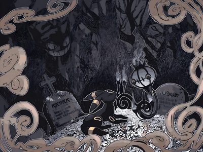 an illustration of a dog in a cemetery surrounded by skulls and tombstones, with a lantern on the ground Umbreon Halloween 1920x1080 Gothic Pokemon, Ghost Type Pokemon Aesthetic, Pokemon Cemetery, dark slate gray