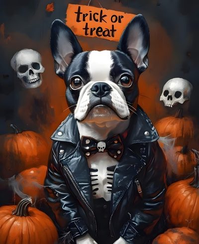 a painting of a dog wearing a leather jacket with skulls around it and a sign that says trick or treat Halloween Boston Terrier Boston Terrier Halloween Drawing, Boston Terrier Halloween Clipart, Halloween Boston Terrier, dark slate gray