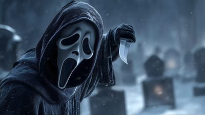a person wearing a mask and holding a knife in front of tombstones on a snowy day Halloween 4k Ghost Norse Symbols, Header Para Twitter, Ghost Face Pc, Ghost Face For Computer, dark slate gray