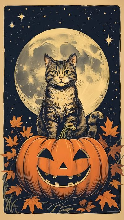 a cat sitting on top of a pumpkin in front of a full moon and stars Orange Cat Halloween October Cat, Halloween Cats Art, Pumpkin Cat, Cat Halloween, Happy Halloween Cat, sienna