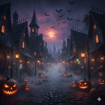 an animated halloween scene with pumpkins and bats Halloween Village For Pc Witchy House, Halloween 2, Halloween Village, Purple Sky, dark slate gray