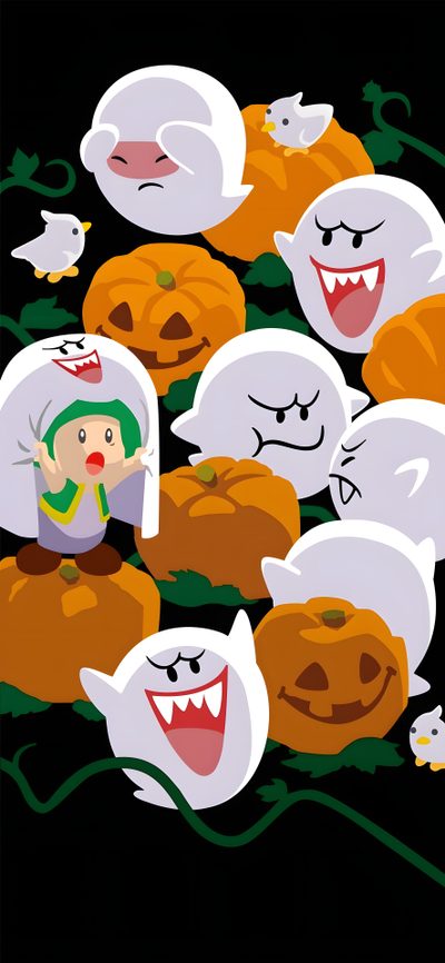 a group of cartoon characters with pumpkins and ghost faces in the background on a black background Halloween Mario Cartoon Ghosts And Pumpkins, Cute Halloween Card Design, Halloween Cartoon Illustration, sienna