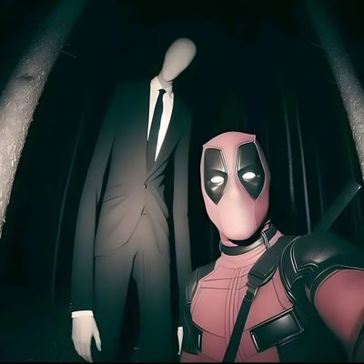 two mannequins dressed as deadpool and spider - man stand in the dark Deadpool Halloween Memes Profile Icon, Slenderman And Deadpool, Cool Deadpool Profile Picture, black