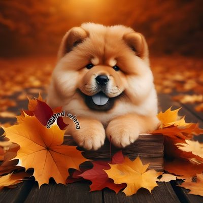 a dog sitting on top of a wooden table surrounded by leaves Halloween Chow Chow Fantasy Art, saddle brown