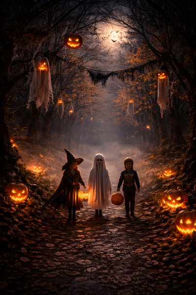 two children dressed up as witches and pumpkins in the woods at night with lights on Large Scale Halloween Trick Or Treats Spooky Halloween Pictures, Halloween Pumpkin Stencils, Happy Halloween Pictures, black