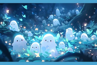 a group of ghost standing in the middle of a forest filled with leaves and flowers Blue Cute Halloween Cute For Chromebook, Pc Wallapers Aesthetics, Gamer For Ipad,