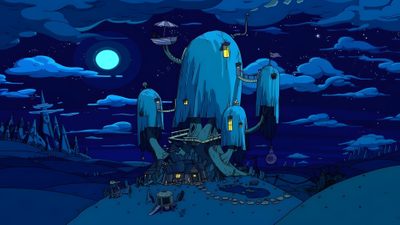 an animated image of a giant blue creature in the middle of a night time scene Halloween Adventure Time 1366x768 Hd, Laptop, 4k Desktop, Mac, Adventure Time Art, midnight blue