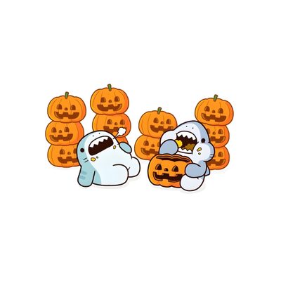 two cartoon characters with pumpkins in the background Baby Shark Halloween Apple Shark, Baby Shark Halloween, Halloween Shark, Ghost Shark Cartoon, white