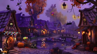 an animated halloween village with pumpkins and lights Halloween Village 4k Halloween Landscape, Halloween Pc, Ghost, Friendly Ghost, Purple Hues, dark slate gray
