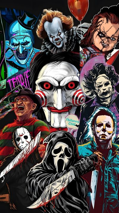 a bunch of horror movies with clowns on them Halloween Horror Movie Iphone Halloween Movie Night Party, Horror Villains, Horror Pictures, dark slate gray
