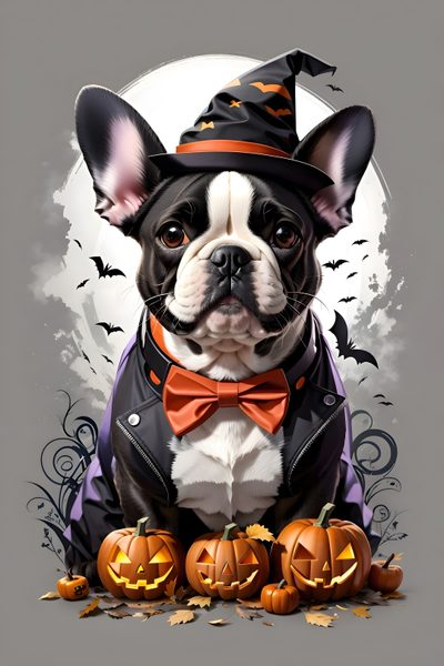 a dog wearing a hat and bow tie sitting next to pumpkins Halloween Boston Terrier Diy Halloween Decorations For Pets, Black And White Bulldog Halloween, Halloween Bulldog With Witch Hat, gray
