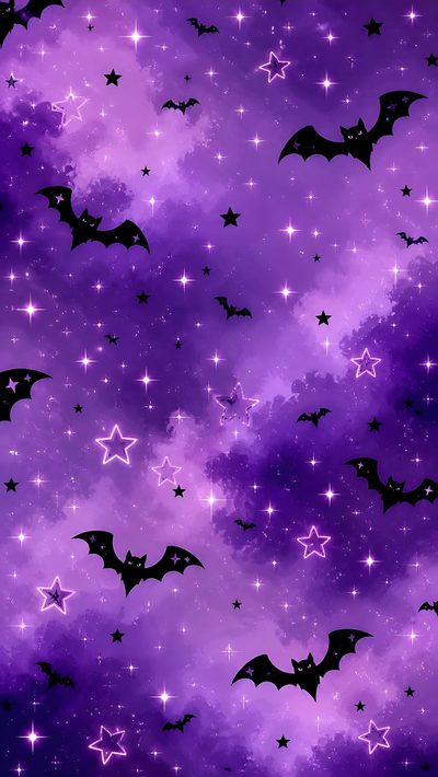 purple and black bats flying in the sky with stars on it's sides, Halloween Purple Bat Cute Purple Fall, Purple Halloween Iphone, Pastel Purple Halloween, dark orchid