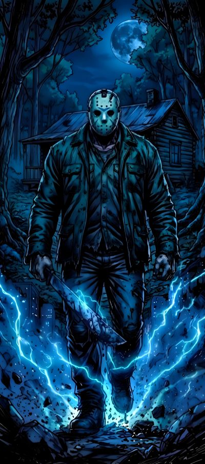 a drawing of a person standing in front of a tree with lightning coming out of it Jason Halloween Jason Voorhees, Phone, midnight blue