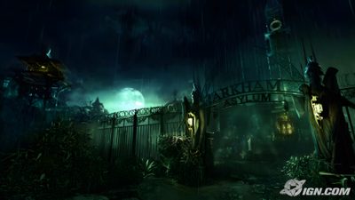an image of the entrance to a dark, creepy house with lights on it's gates Arkham Halloween Arkham Asylum Batcave Entrance, Arkham City Background, Arkham Background, black