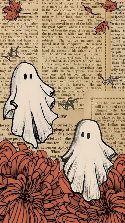 two ghost heads sitting on top of flowers in front of an old book page with text Aesthetic Lock Screen Aesthetic Lock Screen Cute Halloween Cute Ghost, November Backgrounds, Spooky Thanksgiving, tan