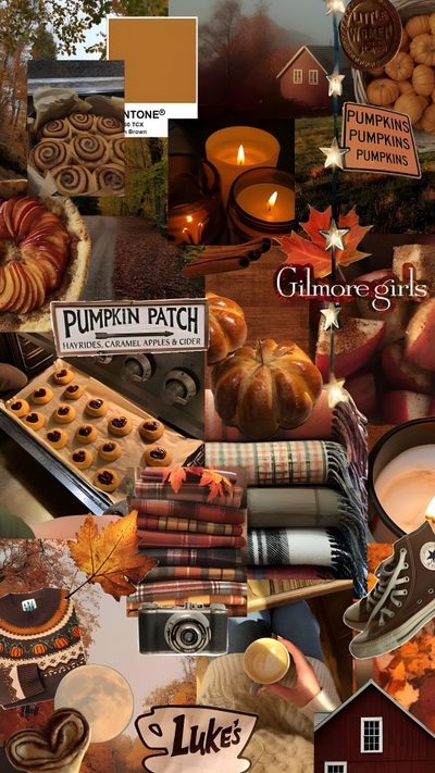 a collage of pumpkins, cinnamon rolls and candles Gilmore Girls Halloween Collage, Autumn Phone, Halloween Cute, Fall Background, Autumn Magic, saddle brown