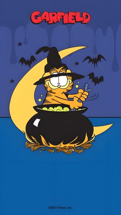 garfield the cat is sitting on top of a moon with bats flying around him and his eyes Halloween Garfield Garfield Comic Halloween, Fall Garfield, Garfield Halloween Special, dark slate blue