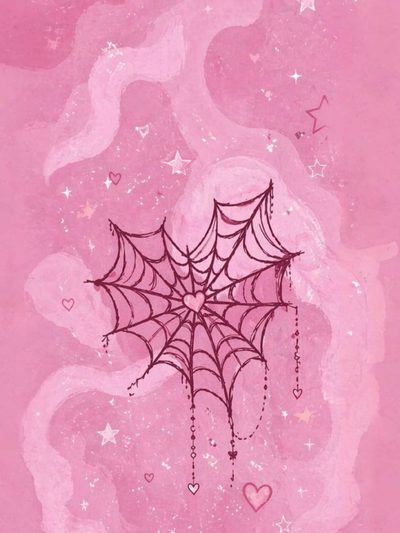 a pink background with a spider web on it's side and hearts in the middle Pink Aesthetic Halloween Pastel Pink Goth, Spider Woman Pink, Spider Web Aesthetic, plum