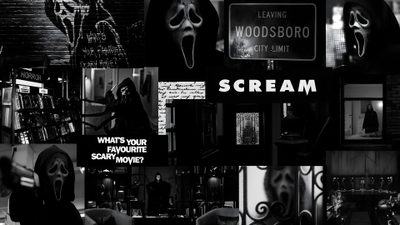 a collage of black and white images with words scream written on the side of them Halloween Scream Ghost Face Aesthetic, Halloween Desktop, Scary, Laptop Backgrounds, Computer Desktop, black