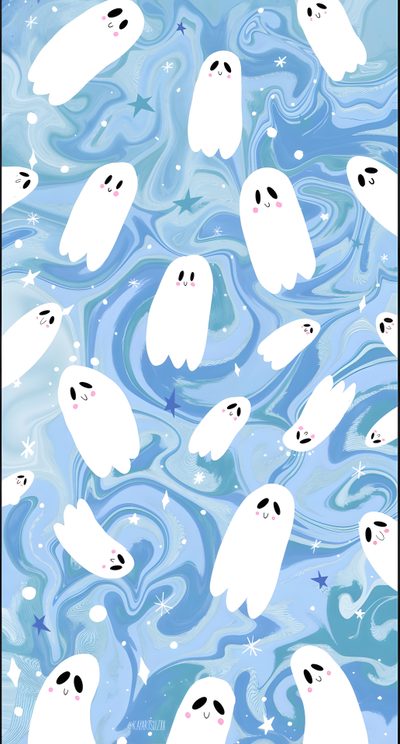 a group of white ghost floating in the air with stars and bubbles around them on a blue background Pastel Blue Halloween Teal Ghost Pattern, Aesthetic Cute Halloween Blue, Pastel Blue Halloween,