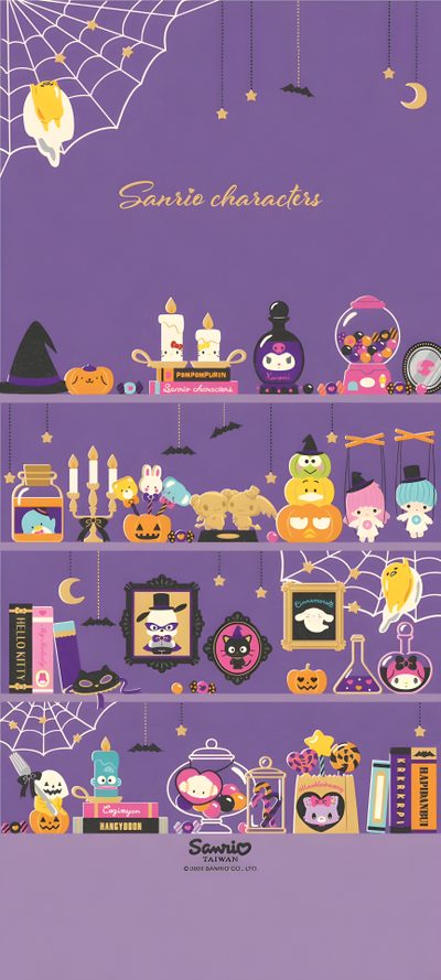a purple poster with halloween decorations on it Sanrio Halloween Pastel Keroppi Halloween, Spooky Sanrio, Kuromi Halloween, slate gray