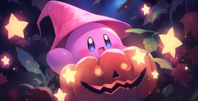 a cartoon character holding a pumpkin with stars in the background Kirby Halloween 4k Fall Kirby, Kirby Halloween Pfp, Pokemon Halloween Desktop, dark slate gray