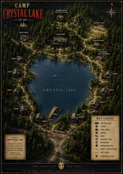 the map for crystal lake, which is located on top of a hill in the middle of Camp Crystal Lake Halloween Lake Map, Crystal Lake, Camping, Map, Crystals, black
