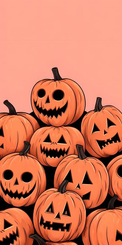a pile of jack o lantern pumpkins with faces drawn on them in front of a pink background Halloween Peach October, Spooky Pumpkin, Halloween Pumpkin Ideas, Halloween, Spooky Halloween Pumpkin, coral