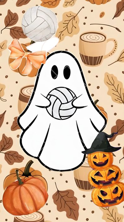 a cartoon ghost surrounded by pumpkins and leaves Volleyball Halloween Fall Volleyball Backgrounds, Fall Volleyball, Stitch Volleyball, Halloween Soccer, wheat