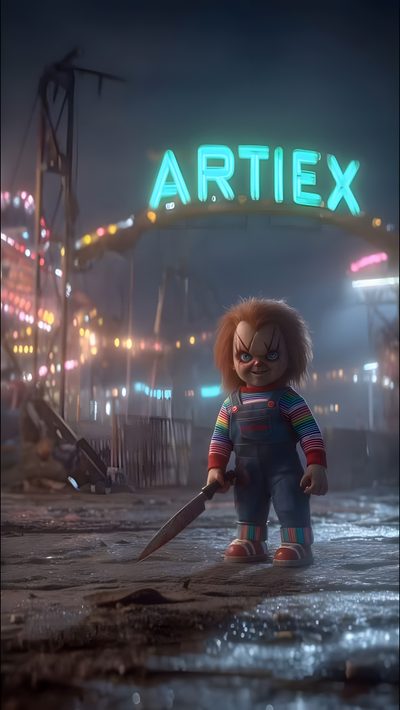 an animated character holding a knife in front of a neon sign that reads artex Halloween Chucky Horror Gif, Scary Halloween Videos, Mr Bean Funny, dark slate gray