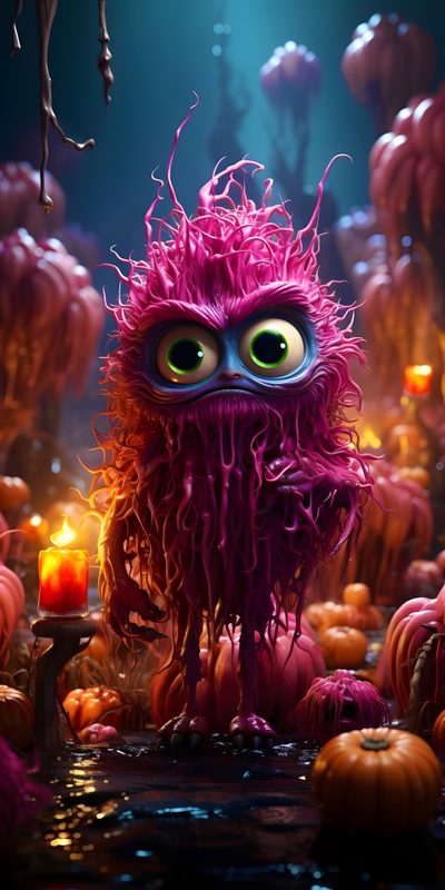 an animated character with green eyes and pink hair standing in front of pumpkins, surrounded by candles Halloween Cyclops Fantasy Colorful Mushroom Cartoons, Fantasy Fantasy Halloween Monsters, Trippy Animals, dark slate gray