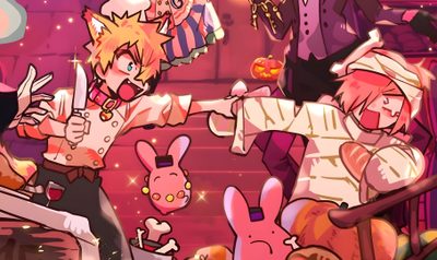 some anime characters are standing in front of a pink background with many other cartoon characters Tbhk Halloween Tbhk Official Art Pc, Tbhk Halloween, Mitsuba Sousuke Banner, Old Tbhk Official Art, indian red