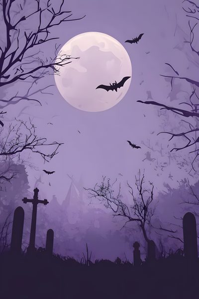 a cemetery with bats flying over it and the full moon in the sky above them Halloween Purple Bat Purple Halloween Background Aesthetic, Dark Purple Halloween Background, Halloween Backgrounds Purple, light slate gray