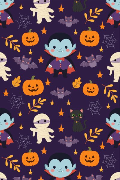 halloween seamless background with bats, pumpkins and ghostes on dark purple fabric Halloween Monster Pattern Patterns Halloween, Nursery, Vector Pattern, Cute Halloween, midnight blue
